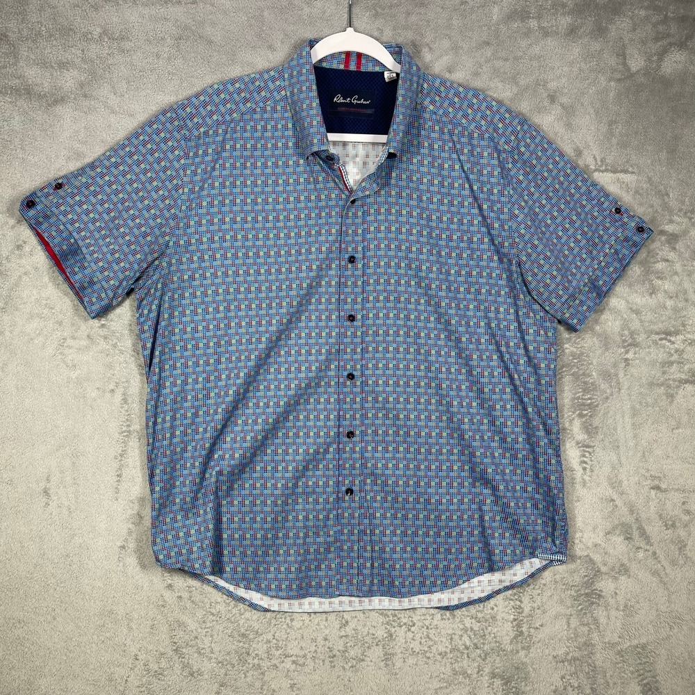 Robert Graham Button Up Shirt Mens 2XL Blue Geometric Short Sleeve Tailored